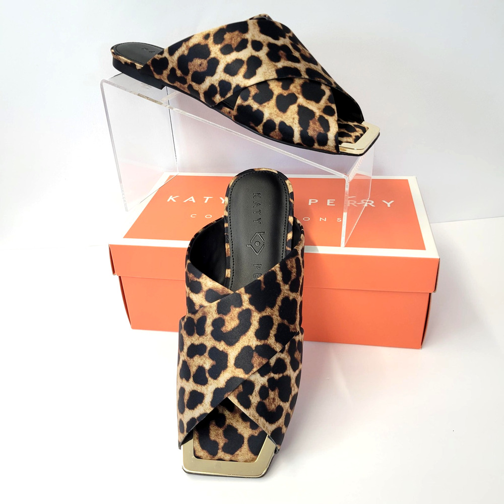 Katy Perry Slide Shoes Womens Size 8M Leopard Print Satin Checked‎ In KP3497